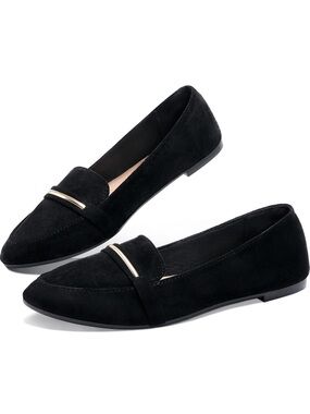 Black Faux Suede Loafers with Gold Accent - Women